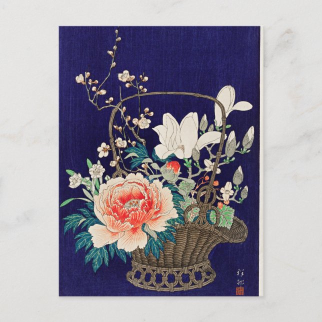 Cartão Postal Cesta de Flores de Bambu por Ohara Koson (Frente)