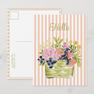 Cartão Postal Cesta de Frutas e Flores em Aquarela sobre Listras