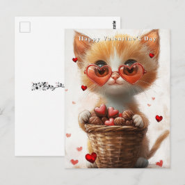 Cartão Postal Cesta de Gatos Gengibre do Dia dos Namorados Coraç