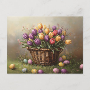 Cartão Postal Cesta de páscoa com Tulipas e Ovos