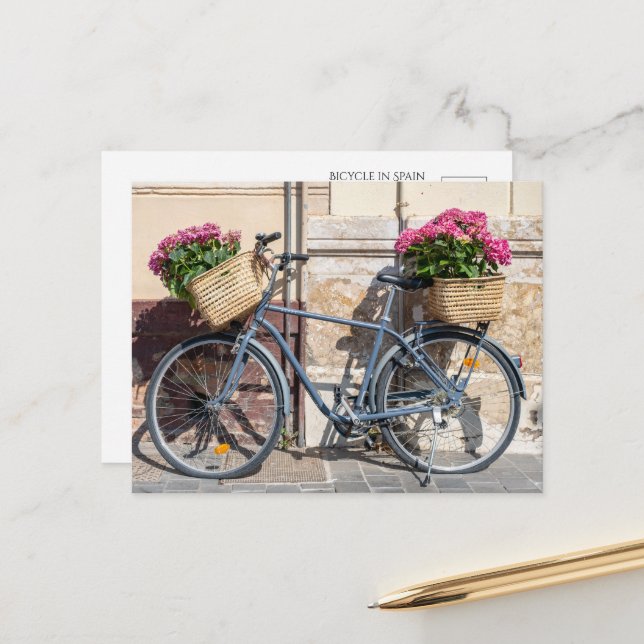 Cartão Postal Cestas de Bicicleta e Flores Rosas (Frente/Verso In Situ)