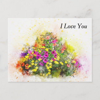 Cartão Postal Cesto de Aquarela de Flores Bonitas