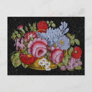 Cartão Postal Cesto floral sobre fundo de mármore negro