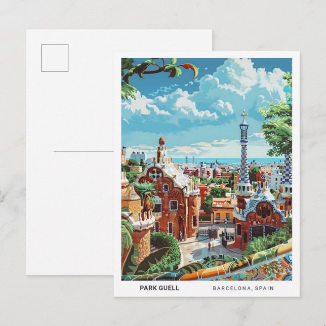 Cartão Postal Céu Azul em Park Guell Barcelona Espanha (Frente/Verso)