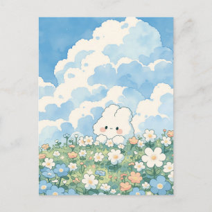 Cartão Postal Céu Azul Vibrante Coelho Branco Prado de Margarida