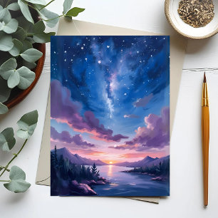Cartão Postal Céu Noturno   Aquarela Água Violeta do Lago Estrel