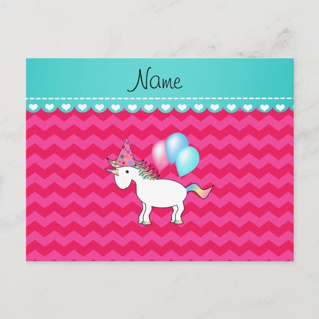 Cartão Postal Cevrons rosa-quente unicorn de nome personalizado (Frente)