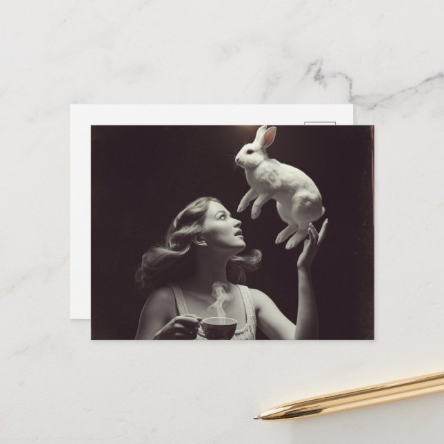 Cartão Postal Chá com preto coelho e branco (Frente/Verso In Situ)