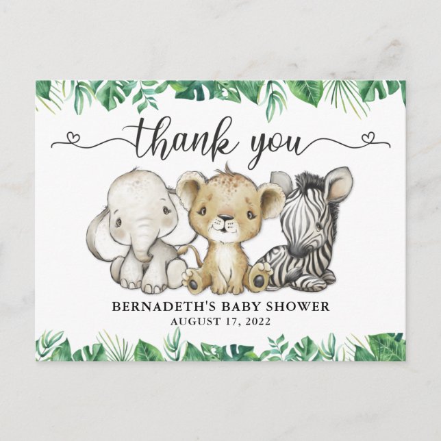 Cartão Postal Chá de Bebê Aquarela Animais da Selva Obrigado Po (Frente)