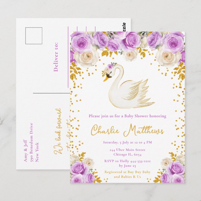 Cartão Postal Chá de Bebê Cisne Roxo e Rosas Douradas (Frente/Verso)