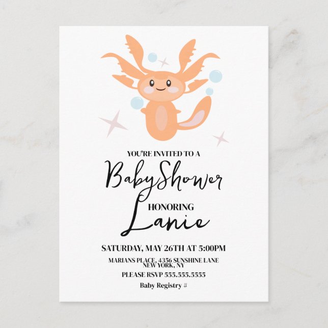 Cartão Postal Chá de Bebê do Axolote Pastel do Oceano (Frente)