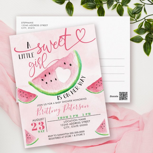 Cartão Postal Chá de Bebê em Aquarela Rosa Melancia (Criador carregado)