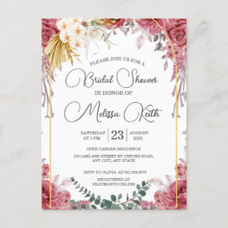 Cartão Postal Chá de Bebê Floral em Tons de Borgonha e Dourado c