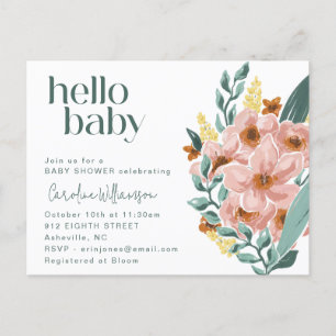 Cartão Postal Chá de Bebê Floral Rosa Menta Bonito