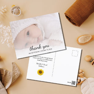 Cartão Postal Chá de Bebê Foto Girassol Simples Obrigado