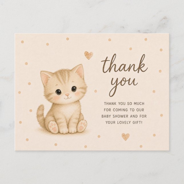 Cartão Postal Chá de Bebê Gatinho Bebê Obrigado (Frente)