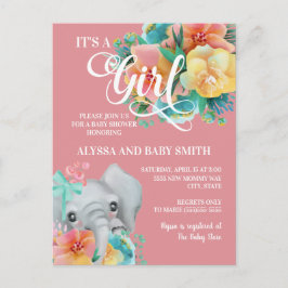Cartão Postal Chá de Bebê Menina Elefante Bebê Rosa Amarelo Azul