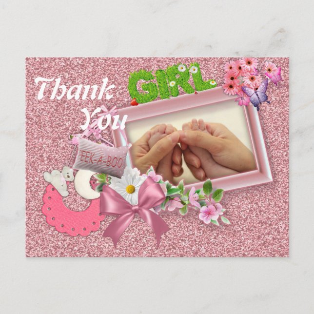 Cartão Postal Chá de Bebê Menina Obrigada (Frente)