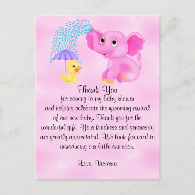 Cartão Postal Chá de Bebê Obrigada Menina Elefante (Frente)