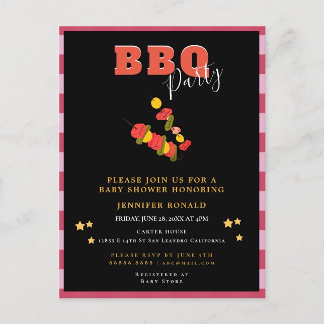 Cartão Postal Chá de Bebê Preto e Vermelho BBQ (Frente)