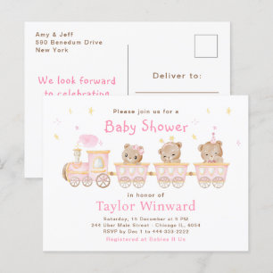 Cartão Postal Chá de Bebê Trem Rosa Urso