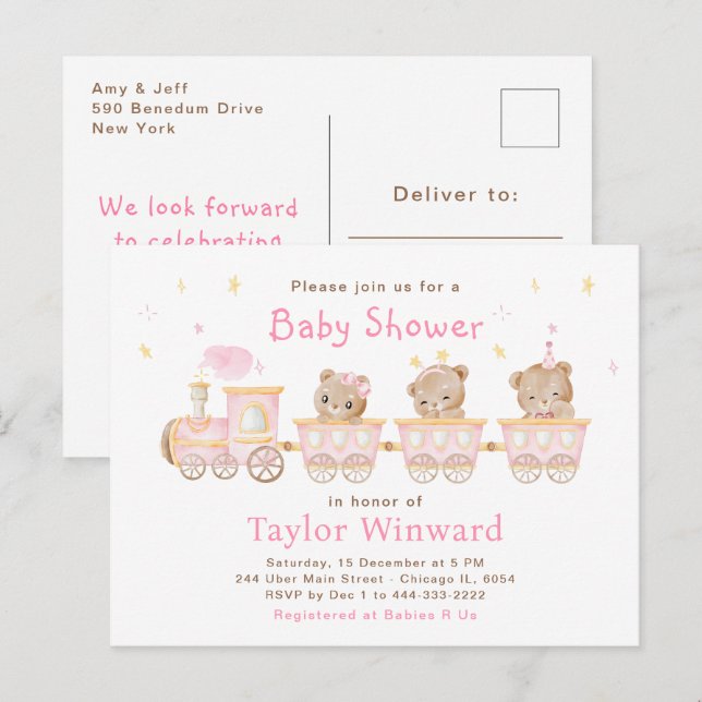 Cartão Postal Chá de Bebê Trem Rosa Urso (Frente/Verso)