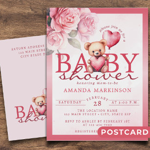 Cartão Postal Chá de Bebê Urso Teddy com Aquarela Rosa no Dia do