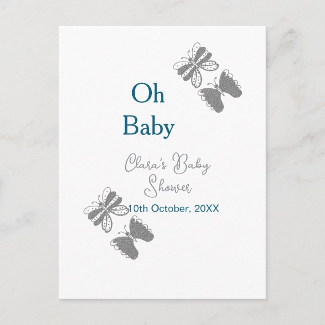 Cartão Postal chá de fraldas azul-borboleta-cinza oh bebê texto  (Frente)