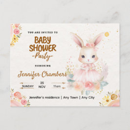 Cartão Postal Chá de fraldas - Coelhinho Rosa Bonito. Editável