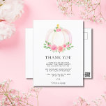 Cartão Postal Chá de fraldas da garota de abóbora, obrigado<br><div class="desc">Obrigado sua família e amigos por seus presentes pensativos e por assistir ao chá de sua filhinha com esse obrigado bonito. É decorada com uma adorável aquarela de uma abóbora rosa,  rosas e folhagem verde. Facilmente personalizado. Original Watercolor © Michele Davies.</div>