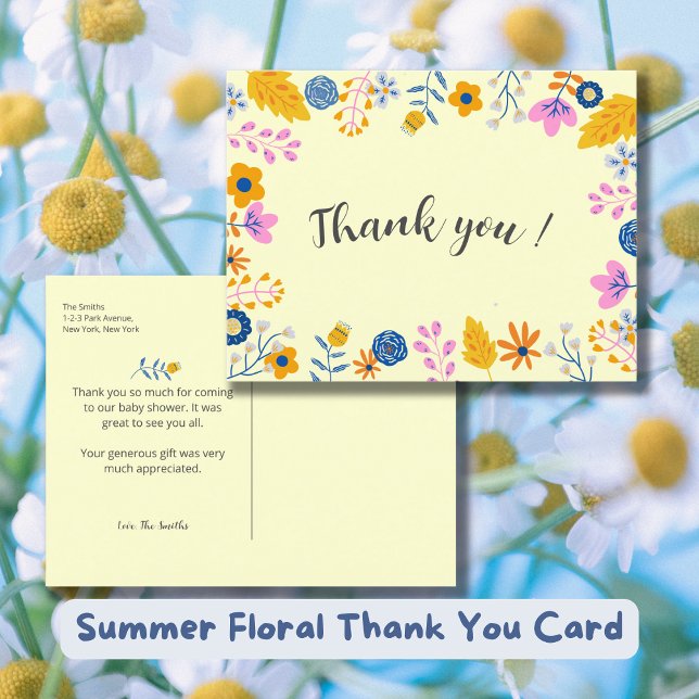 Cartão Postal Chá de fraldas das Flores de Verão de Aquarela Obr (Summer Floral Thank you card - Baby Shower Thank you Card.)