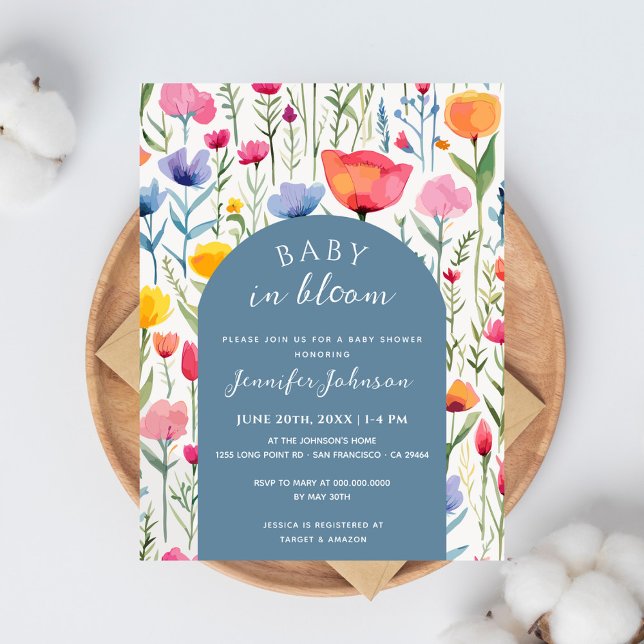 Cartão Postal Chá de fraldas de Arco Azul Chic Floral (Criador carregado)