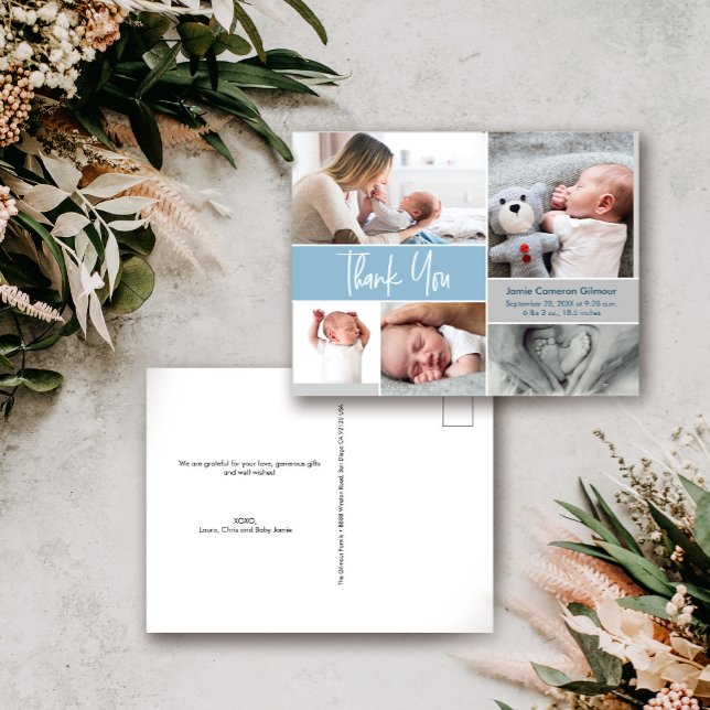 Cartão Postal Chá de fraldas de Colagem de Fotografias com Handl (Blue baby boy birth announcement  baby shower Thank you card)