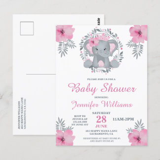 Cartão Postal Chá de fraldas de Elefante Floral Rosa Selvagem Sa