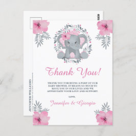 Cartão Postal Chá de fraldas De Elefante Floral Safari Rosa Obri