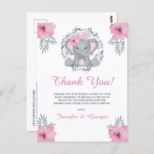 Cartão Postal Chá de fraldas De Elefante Floral Safari Rosa Obri