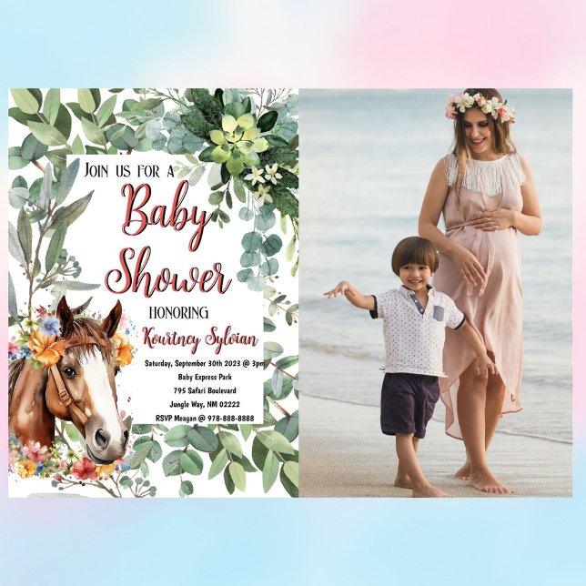 Cartão Postal Chá de fraldas de Fotografia Personalizada Floral  (Horse baby shower watercolor post card, celebrate your baby shower in style!)