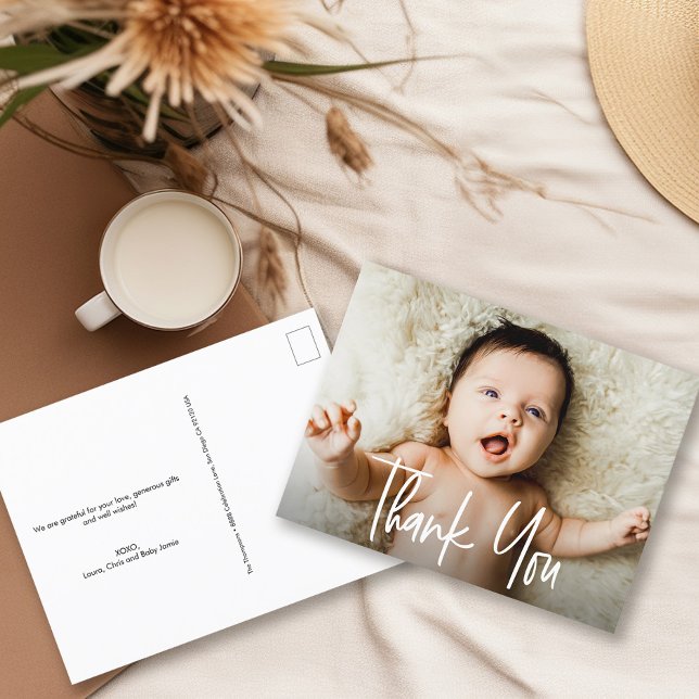 Cartão Postal Chá de fraldas de Fotografias Horizontal de Script (Modern Handlettering thank you script baby photo postcard.)