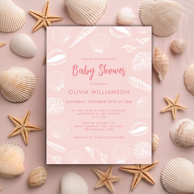 Cartão Postal Chá de fraldas de Garotas do Mar de Praia (Pale pink, sea shell baby shower shower invitation in ocean beach theme.)