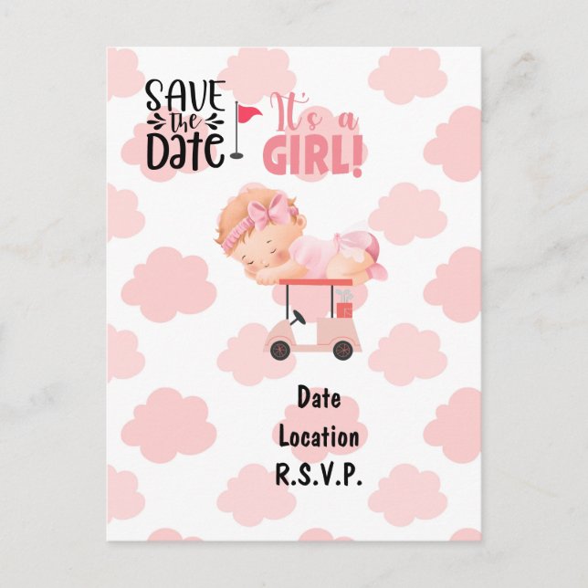 Cartão Postal Chá de fraldas de golfe, menina de golfe, tema ros (Frente)