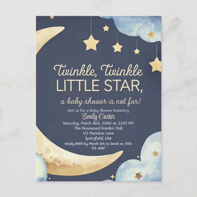 Cartão Postal Chá de fraldas de Lua e Estrelas - Sonho Noturno (Frente)