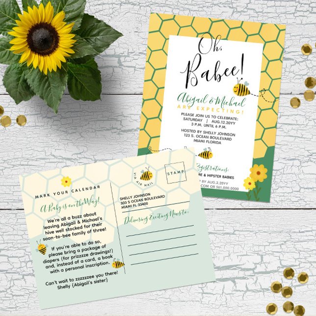 Cartão Postal Chá de fraldas de Orçamento 🐝 Abelhas de Aquarela (Budget-Friendly Green and Yellow Gender-Neutral Bee Baby Shower Postcards (save on postage too!) )