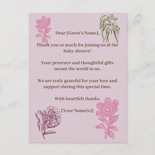 Cartão Postal Chá de fraldas de Peony Eucalyptus Botânico Obriga (Frente)