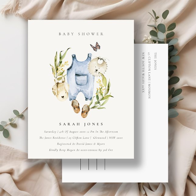 Cartão Postal Chá de fraldas de roupas de bebê folhagem azul-bra (Criador carregado)