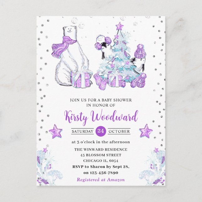 Cartão Postal Chá de fraldas de Urso Polar e Pinguins para Amigo (Frente)