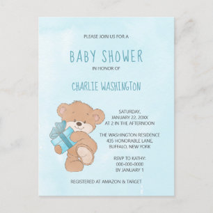 Cartão Postal Chá de fraldas de Urso Simples de Teddy Azul