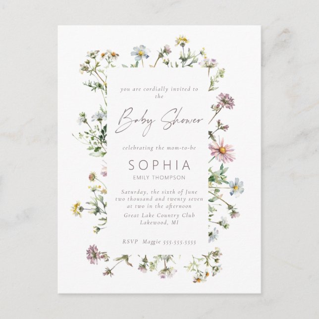 Cartão Postal Chá de fraldas delicado de flor silvestre (Frente)