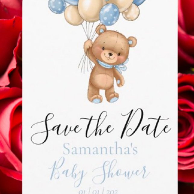 Cartão Postal Chá de fraldas do Balão do Urso de Teddy Salve a D (Celebrate your baby shower with a charming teddy bear balloon save the date postcard.)