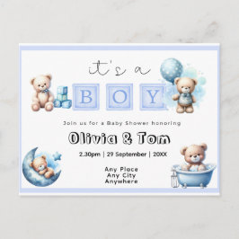 Cartão Postal Chá de fraldas, é um menino! Ursos de Pelúcia. Edi