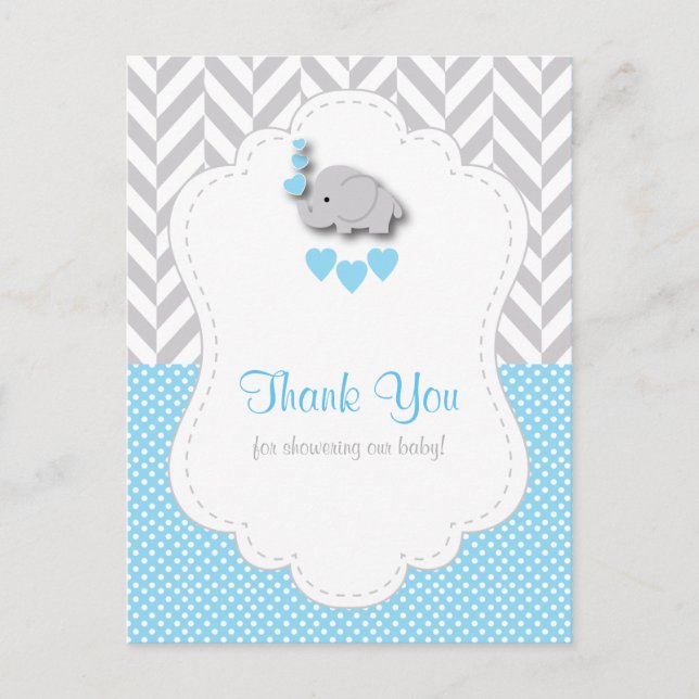 Cartão Postal Chá de fraldas Elefante Cinza Azul, Branco, Obriga (Frente)